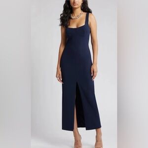 Wayf The Bravado Slit Front Midi Dress Midnight Blue